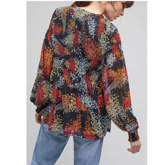 Anthropologie Floral Blouse Womens XS V-Neck Smocked Long Sleeve Relaxed Tunic - Picture 2 of 15